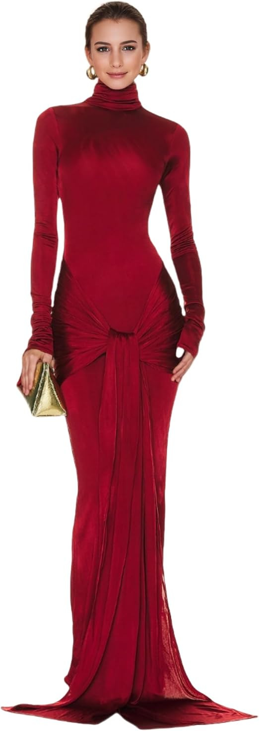 JUMISEE Women's Sexy High Neck Long Sleeve Maxi Dress Elegant Tie Waist Bodycon Long Dress Cockta... | Amazon (US)