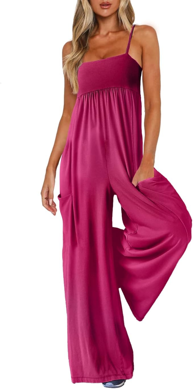 UNIANKIYA One Piece Jumpsuits for Women Spaghetti Strap Overalls Wide Leg Rompers with Pockets Su... | Amazon (US)
