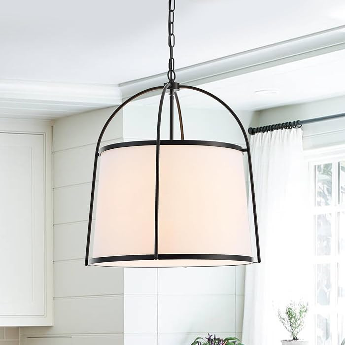 Rustic Modern Chandelier for Entryway, Dining Room Chandelier with Off-White Fabric Shade, Black ... | Amazon (US)