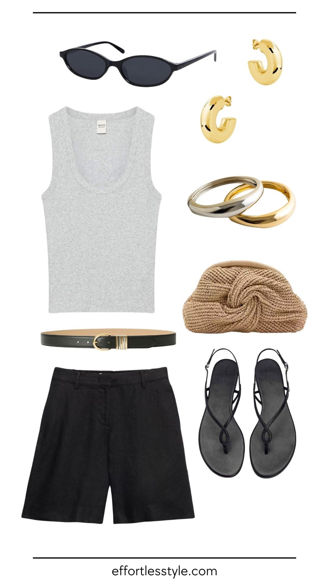 If you love a clean, simple aesthetic, this is your Bermuda shorts look. Gray tank, black bermuda shorts, and black sandals create a streamlined silhouette. A black belt and gold jewelry add definition without cluttering the outfit. It’s polished, effortless, and works for so many occasions.

#LTKgrwm #LTKdayinmylife #LTKxMadewell