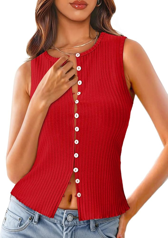 Tankaneo Womens Button Down Cropped Going Out Tank Tops Spring Summer Ribbed Vest Top Slim Fit Se... | Amazon (US)