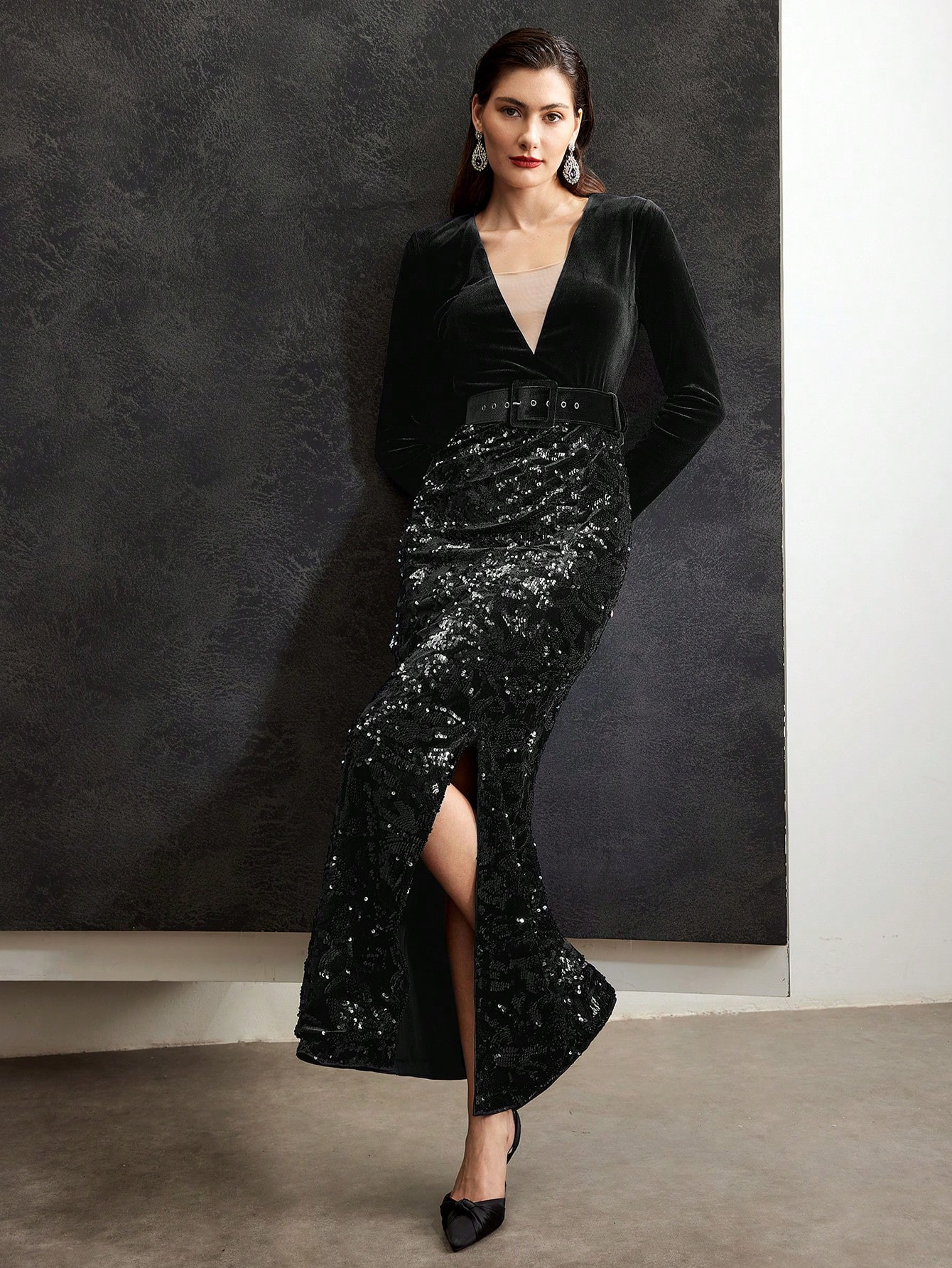 MOTF PREMIUM VELVET AND SEQUINS DETAIL SPLIT HEM BUCKLE BELTED LONG DRESS | SHEIN | SHEIN