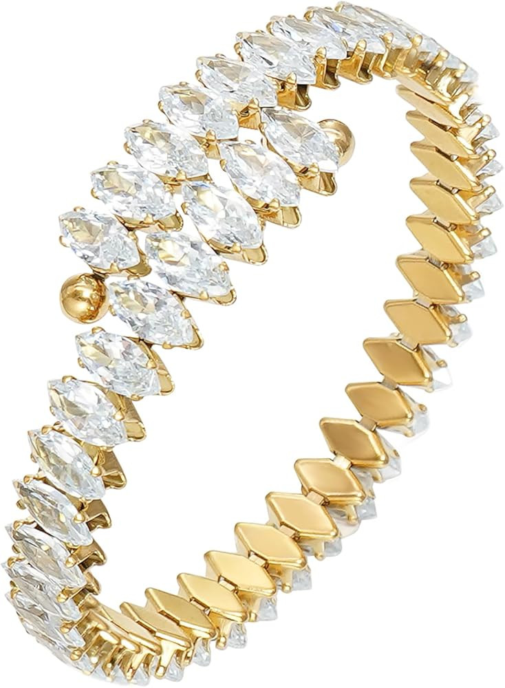 Rhinestone Cuff Bracelet Cubic Zirconia Tennis Bracelets Open Adjustable Elastic Bangle for Women | Amazon (US)