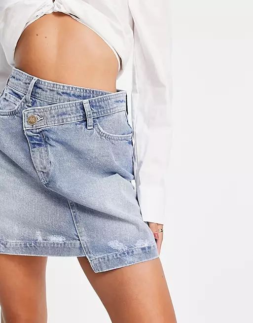 River Island denim mini skirt with stepped waistband in mid blue | ASOS (Global)