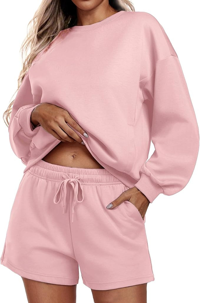 PINSPARK Two Piece Sets for Women 2024 Fall Outfits Sweatsuit 4 Pockets Sweat Short Sets Casual M... | Amazon (US)