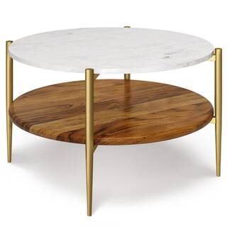 Wagner 17.1 in H Wide Round Acacia Hardwood, Marble and Metal Coffee Table in White/Natural | The Home Depot