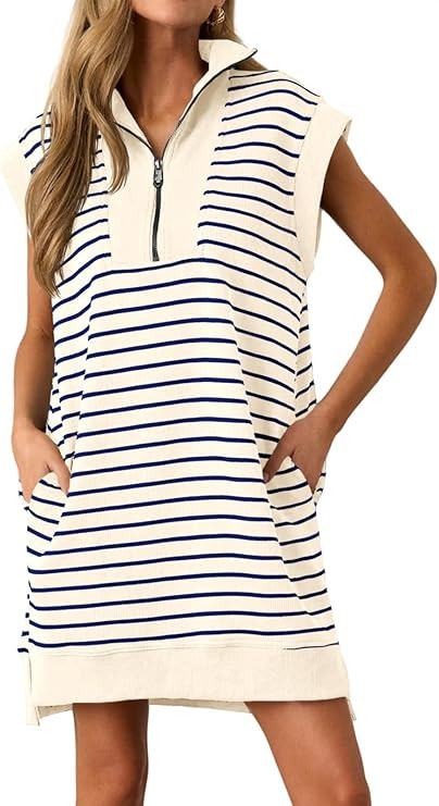 Wenrine Womens Striped Mini Dress Casual Zipper Cap Sleeve Collared V Neck Loose Knit Summer Dres... | Amazon (US)