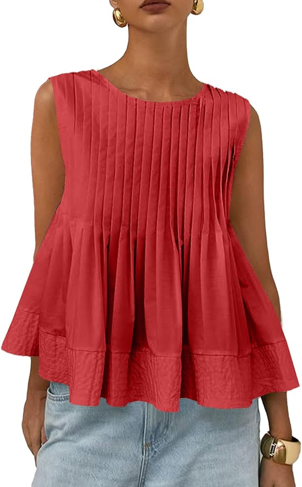 Women's Pleated Peplum Sleeveless Blouses Babydoll Ruffle Hem Tank Tops Y2K Round Neck Blouse Shi... | Amazon (US)
