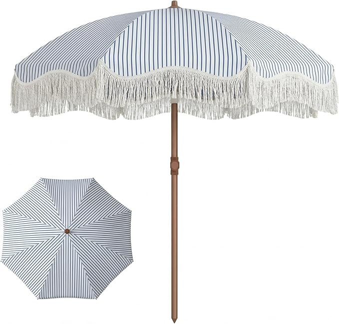 7ft Patio Umbrella with Fringe, Boho Beach Umbrellas, Outdoor Tassels Umbrellas with Push Button ... | Amazon (US)