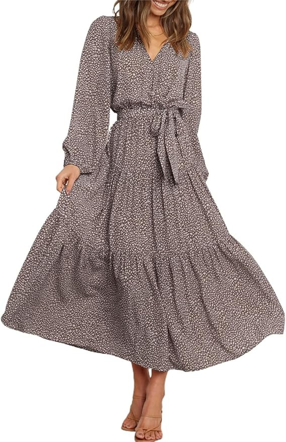 PRETTYGARDEN Women's Long Sleeve V Neck Leopard Print Ruffle Maxi Dress Tie Waist Boho Chiffon Fl... | Amazon (US)