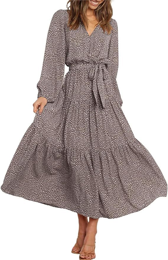 PRETTYGARDEN Women's Long Sleeve V Neck Leopard Print Ruffle Maxi Dress Tie Waist Boho Chiffon Fl... | Amazon (US)