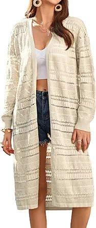 GRACE KARIN Women's Crochet Long Cardigan Lightweight Open Front Knit Kimonos Long Sleeve Beach C... | Amazon (US)