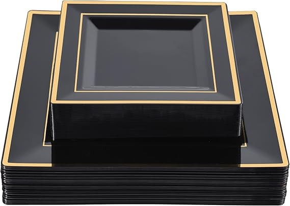N9R 60 Pack Black Square Plastic Plates with Gold Rim Include 30 Disposable Dinner Plates 9.5 Inc... | Amazon (US)