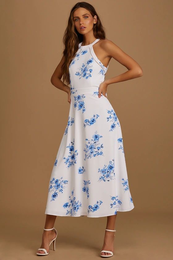Summer Dream Blue Floral Print Tie-Back Halter Midi Dress | Lulus (US)