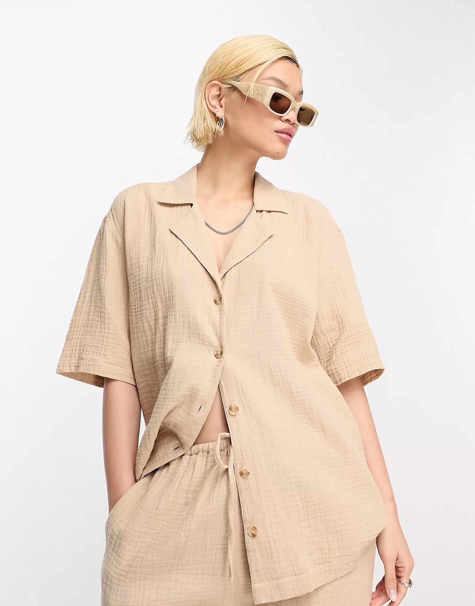 ASOS DESIGN cheesecloth bowling shirt in stone - part of a set | ASOS (Global)