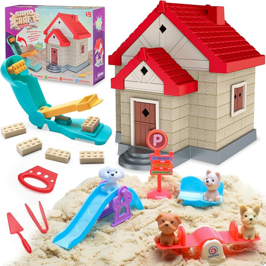 Crelloci House Building Play Sand Toys, House Mold 1.7lbs Magic Sand 4 Tools & Dog Slide Model, C... | Amazon (US)