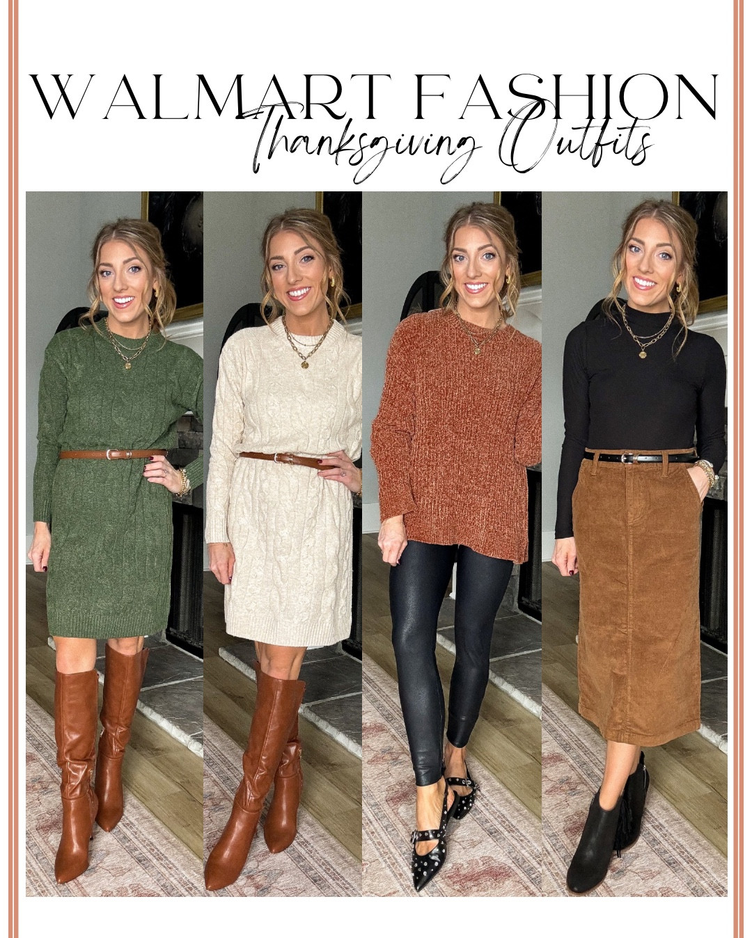 Sharing Walmart fashion Thanksgiving outfit ideas today! All of these are perfect for turkey day 🙂 I selected them with the idea of eating a large meal haha and taking family photos, featuring colors that will pair well with other people’s looks 😉 these are also some of my favroite Walmart fashion pieces of the season! For sizing, I’m 5’2 normally a size xs/s 2/4. 

- sweater dress: size down a size (wearing the xs)
- chenille sweater: TTS (in the S), leggings: go down a size (wearing the xs, cuffed up the hem)
- corduroy skirt: size down a size (wearing the 2), mock neck top: TTS (in the S)
- cord jumper dress: TTS (in the s, adjustable straps)
- mock neck sweater dress: size down a size (wearing the xs)
- corduroy tiered dress: go down a size or two (wearing the xs)
- velvet dress: TTS (wearing the S)

Walmart fashion. Thanksgiving outfit. Thanksgiving day. Family photos. Walmart finds. LTK under 50. Affordable fashion. 

#LTKSeasonal #LTKStyleTip #LTKHoliday