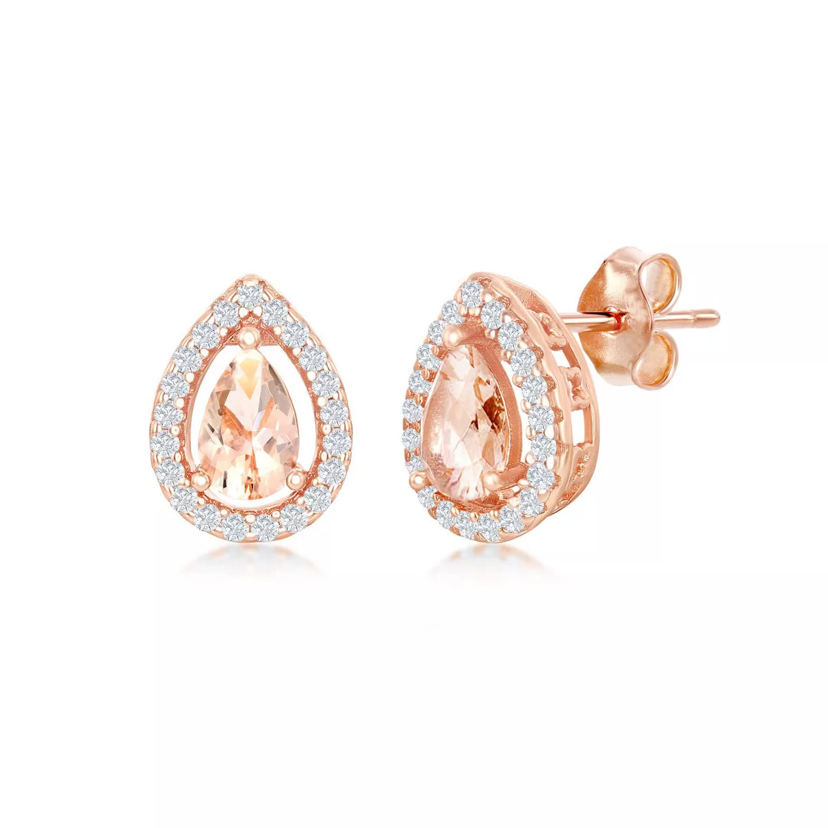 Bella Silver Sterling Silver Pear-Shaped Morganite CZ with White CZ Border Stud Earrings - Rose G... | Target