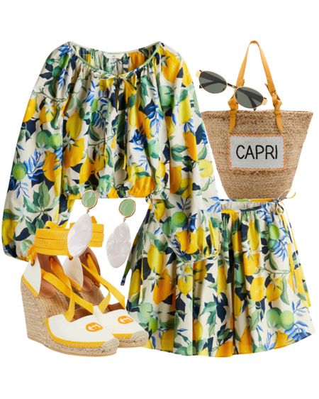 Lemon print balloon sleeve crop top and matching mini skirt, Gucci espadrilles, straw bag and sunglass.
Beach wear, summer outfit, holiday outfit, co-ord set.

#LTKeurope #LTKsummer #LTKtravel