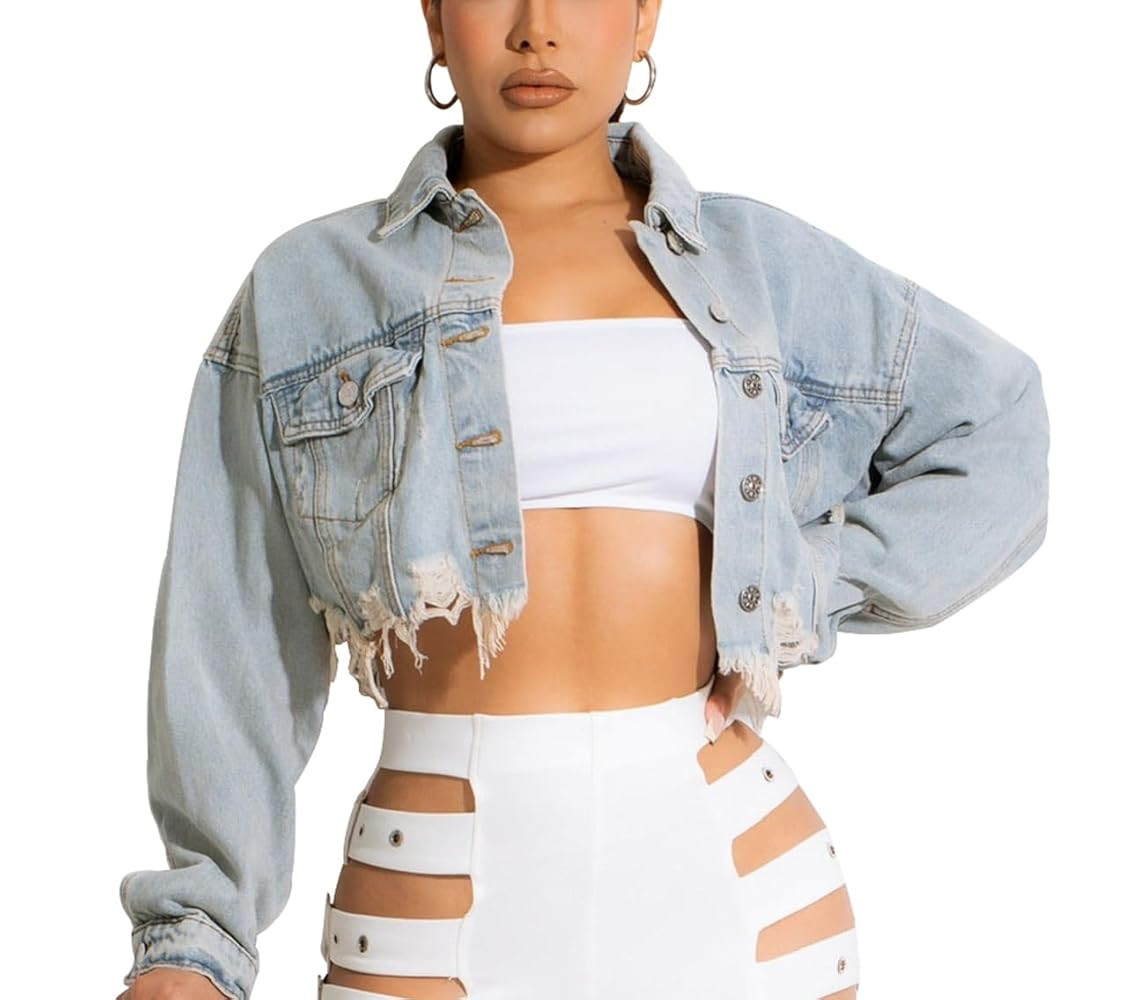 HTD Women's Cropped Jean Jacket Button Up Long Sleeve Ripped Distressed Denim Jacket Frayed Hem | Amazon (US)