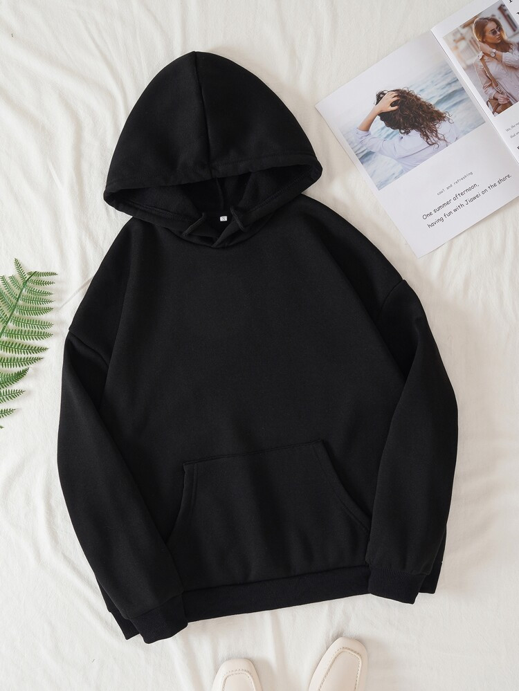 Solid Kangaroo Pocket Thermal Lined Drawstring Hoodie | SHEIN