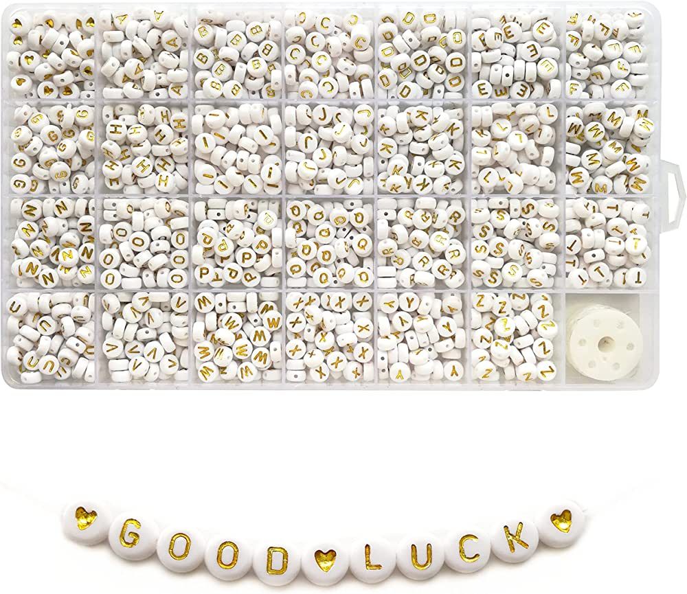1400 Pieces 4x7mm White Round Acrylic with Gold Alphabet Letter Beads A-Z Heart Pattern Beads and... | Amazon (US)