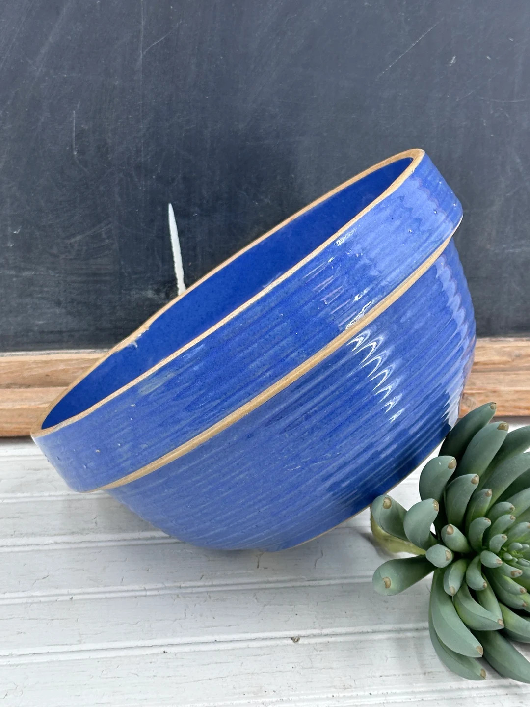 Vintage Ribbed Blue Stoneware Bowl 9 1/4 Diameter - Etsy | Etsy (US)