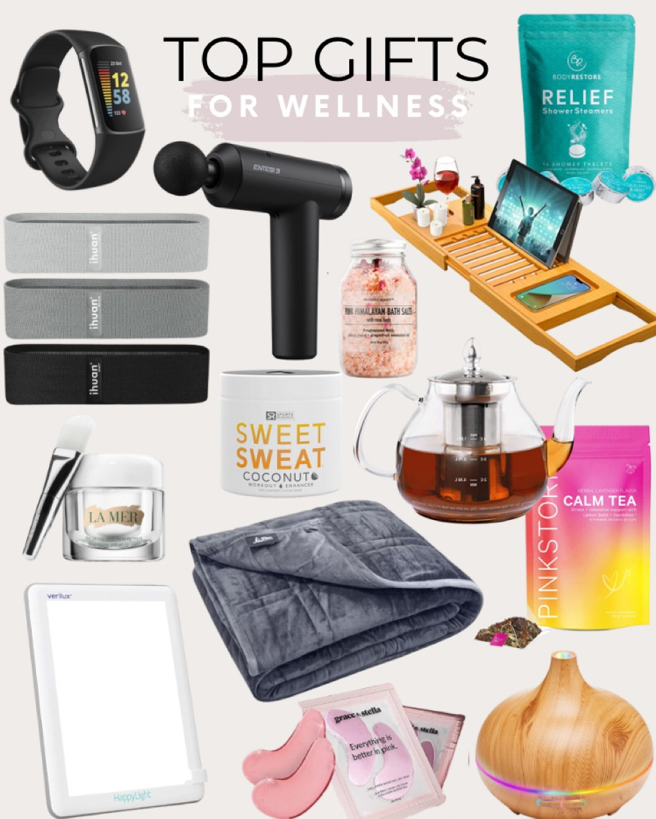Gift ideas for the wellness enthusiast include bath tray, glass teapot, pink bath salt, sweet sweat gel, happy light LED light, calming tea, shower steamers, massage gun, resistance bands, weighted blanket, Diffuser, Fitbit, under eye mask, and lifting and firming cream mask. 

Wellness gifts, gifts for wellness, Christmas gifts, gifts for her, gifts for him, stocking stuffers

#LTKGiftGuide
