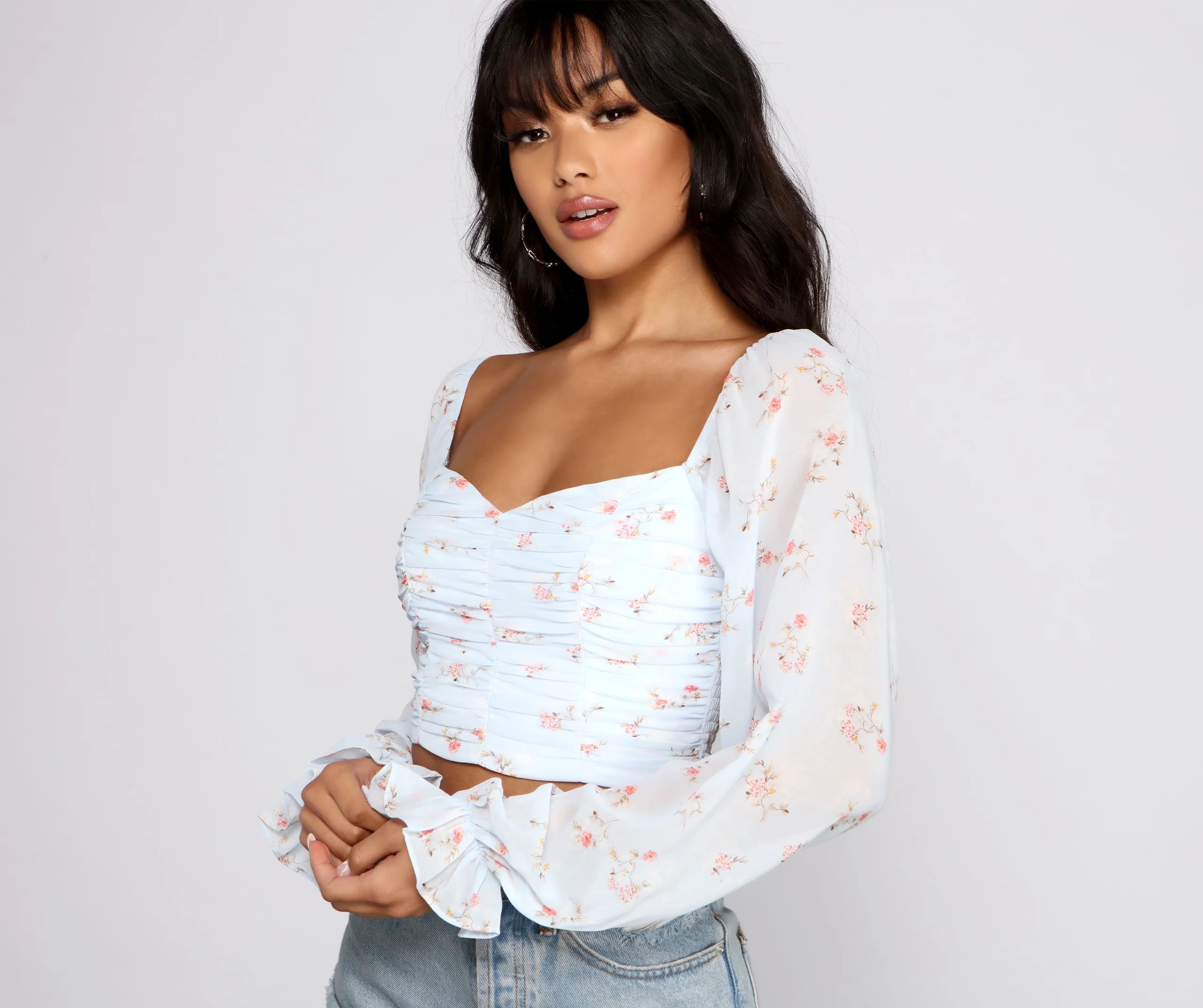 Floral Blossoms Chiffon Ruched Crop Top | Windsor Stores