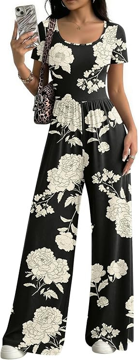 Ekouaer Summer Jumpsuits for Women Short Sleeve Wide Leg Romper Casual Square Neck Jumper 2026 On... | Amazon (US)