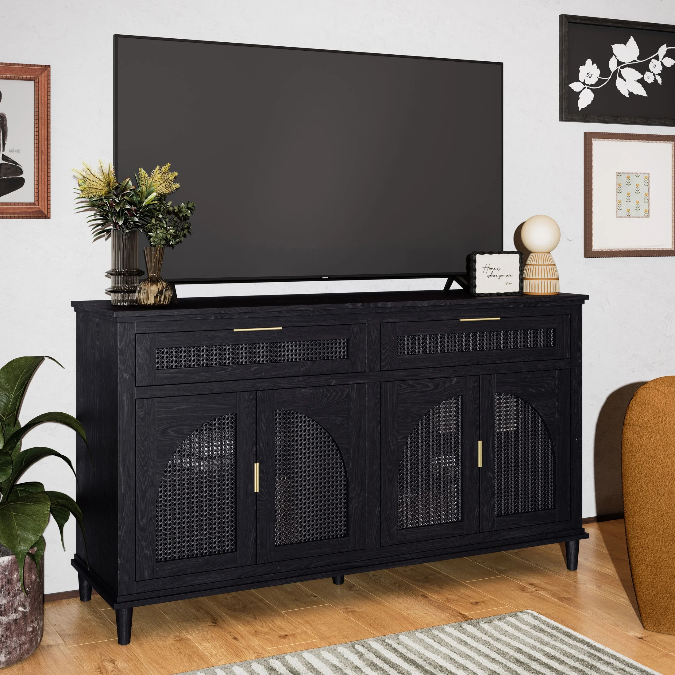 Beautiful Drew Rattan Media Console with Teched Away Drawer by Drew Barrymore, Black Finish - Walmart.com | Walmart (US)