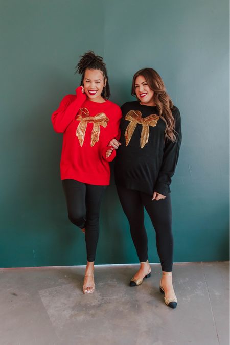 curvy black/red and gold sequin bow sweaters! part of my Merry Pinkmas collection with Pink Desert! i’m in the 2X, typically would take the large not pregnant. runs TTS!  🩷

wearing size 14 in leggings (usually a 10!) 

#LTKHoliday #LTKmidsize #LTKfindsunder100