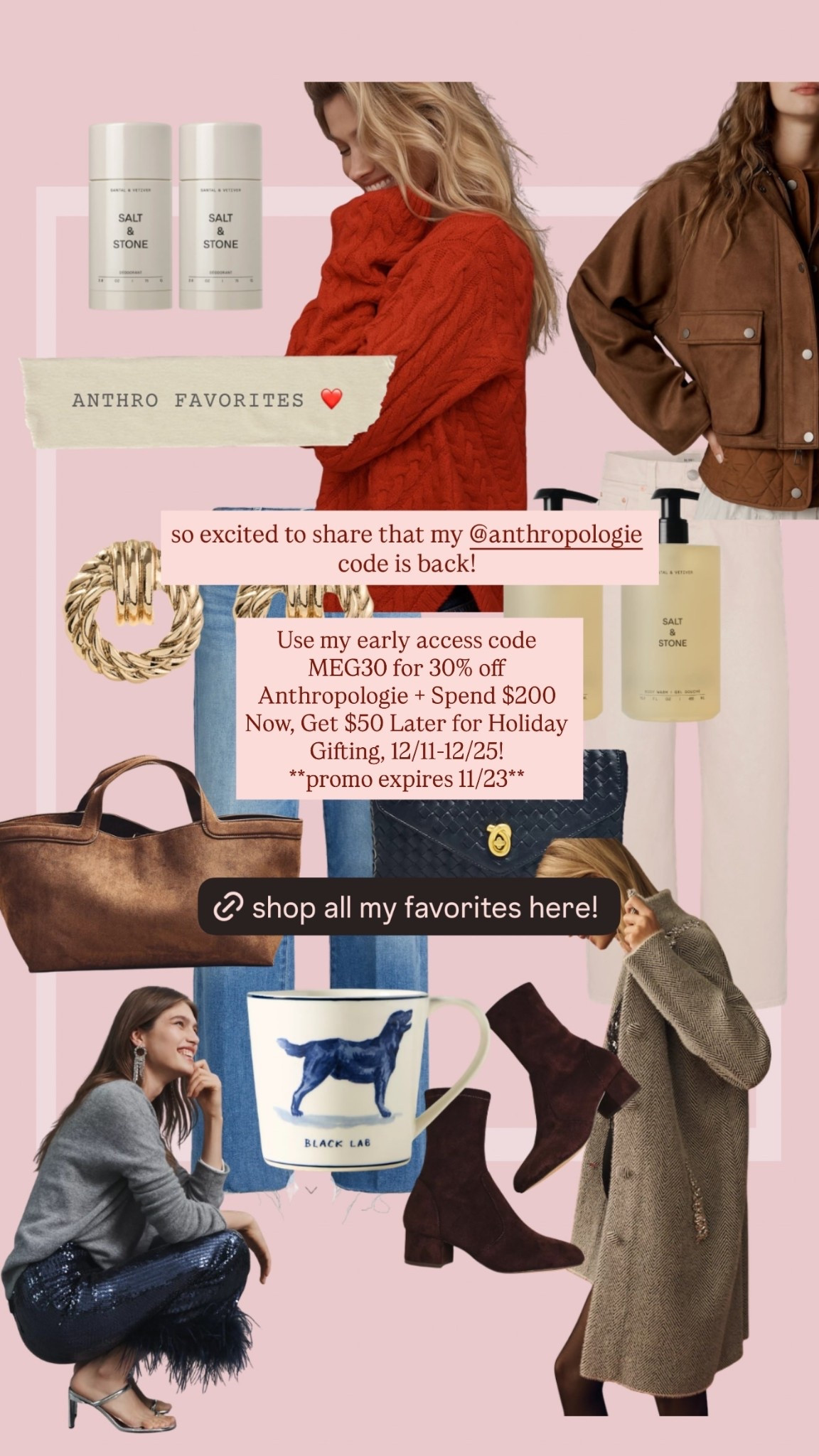so excited to share that my @anthropologie code is back! 
 Use my early access code MEG30 for 30% off Anthropologie + Spend $200 Now, Get $50 Later for Holiday Gifting, 12/11-12/25! 
**promo expires 11/23**

Anthro is such a special store that had been on trend for decades now. So hard to do and yet they keep coming out with high quality, effortless, chic brands and products. It looks really good right now. Here are some of my favorites from the sale! I sprinkled in some home goods, denim, sweaters, jewelry, accessories and beauty. I hope you find something you love! 

#LTKFindsUnder100 #LTKCyberWeek #LTKSaleAlert