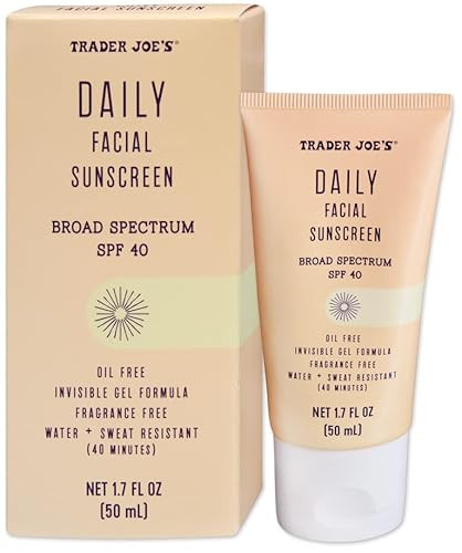 Trader Joe’s Daily Facial Sunscreen Broad Spectrum SPF 40 Oil Free Invisible Gel Formula Fragrance Free Water Sweat Resistant, 1.70 Fl Oz (Pack of 1) | Amazon (US)