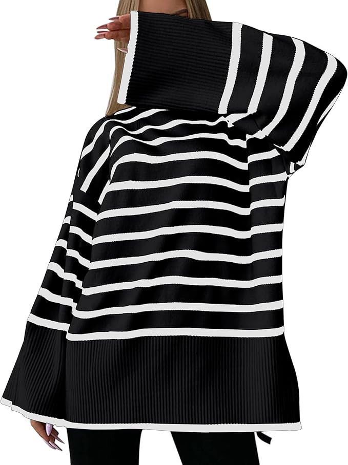 KAISSY Women Striped Turtleneck Split Side Oversized Knit Sweater Casual Loose Long Sleeve Drop S... | Amazon (US)