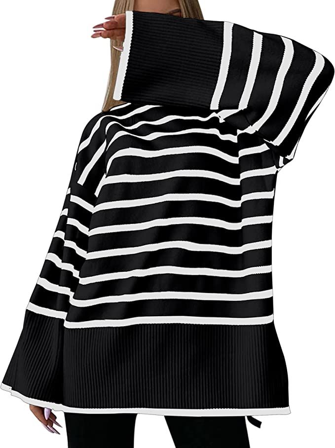 KAISSY Women Striped Turtleneck Split Side Oversized Knit Sweater Casual Loose Long Sleeve Drop S... | Amazon (US)