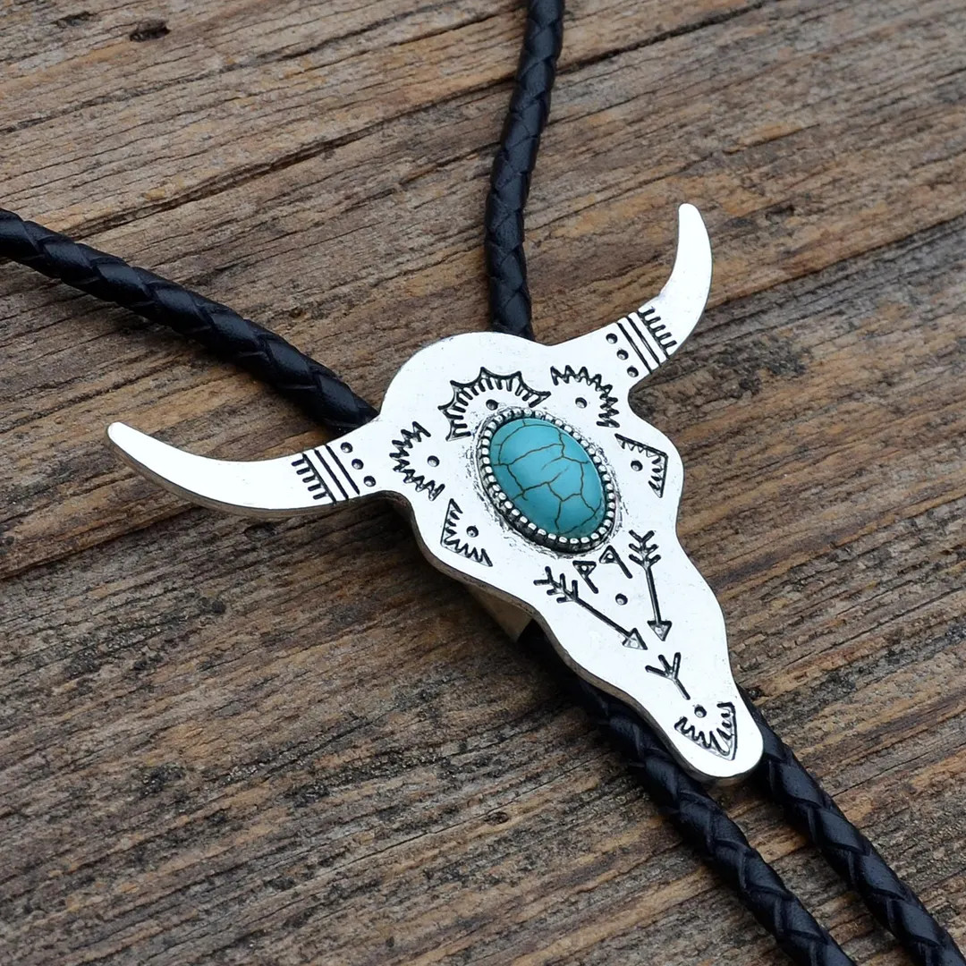 Cow Skull With Turquoise Bolo Tie - Customizable Cord Color, Tips and Length - Etsy | Etsy (US)