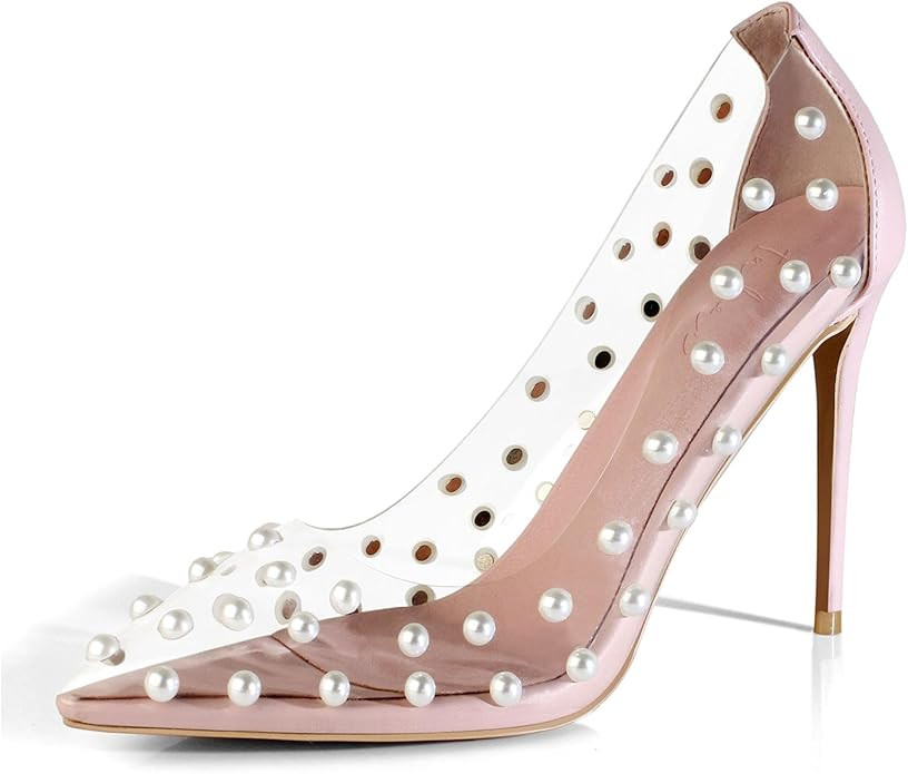 iadore Women's Pumps,11cm Pointed Toe Women High Heel Shoes Fashion Pearl Studded PVC Clear Heels... | Amazon (US)