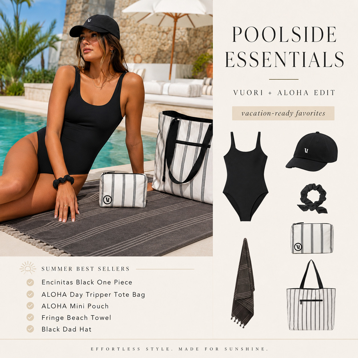 @Vuori US Summer Chic | Poolside Essentials 

If effortless luxury had a poolside uniform, this would be it.

This Vuori + ALOHA edit is exactly the kind of elevated summer look that always feels chic, polished, and worth packing first!! ☀️ 

The Encinitas Black One Piece is sleek, flattering, and timeless — the kind of swimsuit that looks minimal in the best way and instantly gives that expensive, pulled-together resort feel. 

Paired with the black dad hat, striped ALOHA Day Tripper tote, matching mini pouch, and fringe beach towel, this is the full poolside essentials lineup that makes a vacation look feel styled without trying too hard.

I love pieces like this because they do all the work for you!! 🔥 

A classic black one-piece never goes out of style, the accessories keep everything coordinated, and the whole edit feels premium, clean, and incredibly wearable for beach days, pool days, resort mornings, spa afternoons, and every vacation moment in between. 

It’s the kind of set that looks luxe in photos, packs beautifully, and makes getting ready feel easy.

If you’re building a polished summer capsule, this is such a smart one to save now. 

These are the pieces that give you that effortless “quiet luxury at the pool” vibe while still being practical, versatile, and easy to reach for all season long.

📌 SAVE this for your next pool day, resort trip, or chic summer packing list.

↓ Everything is linked!

#LTKSaleAlert #LTKSwim #LTKTravel