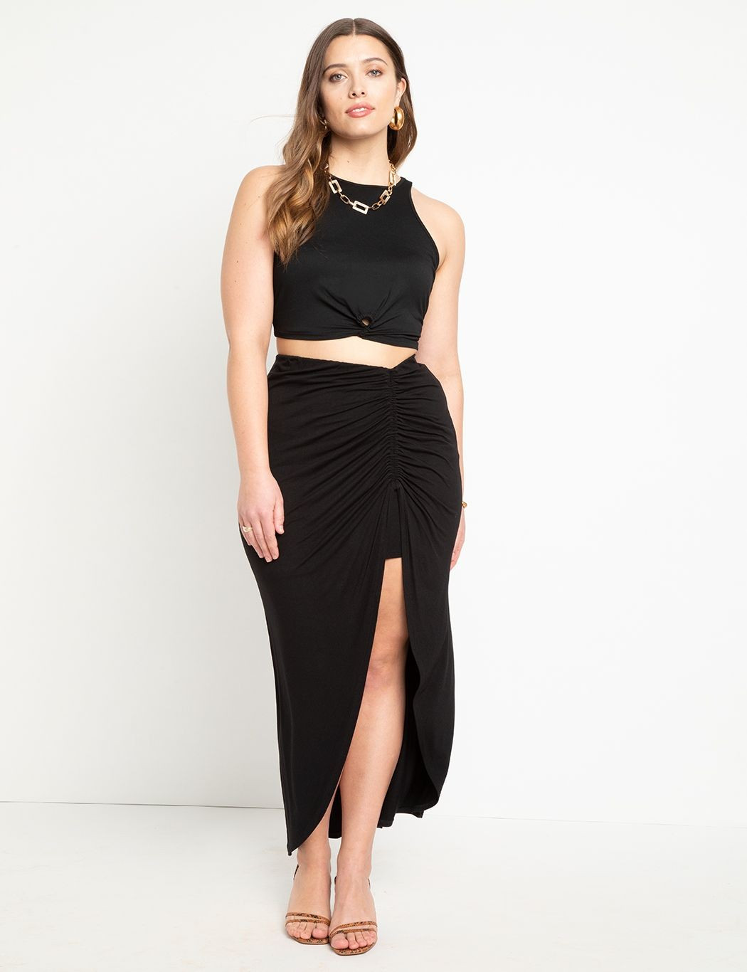 Shirred Midi Skirt With Slit | Women's Plus Size Skirts | ELOQUII | Eloquii
