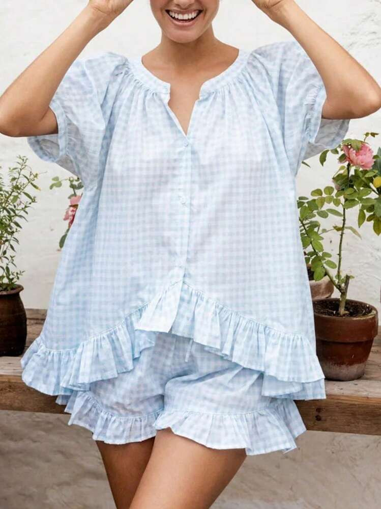 Women Plaid Set, Short Sleeve Ruffled Shirt With Elastic Waist Shorts Summer Outfit | SHEIN