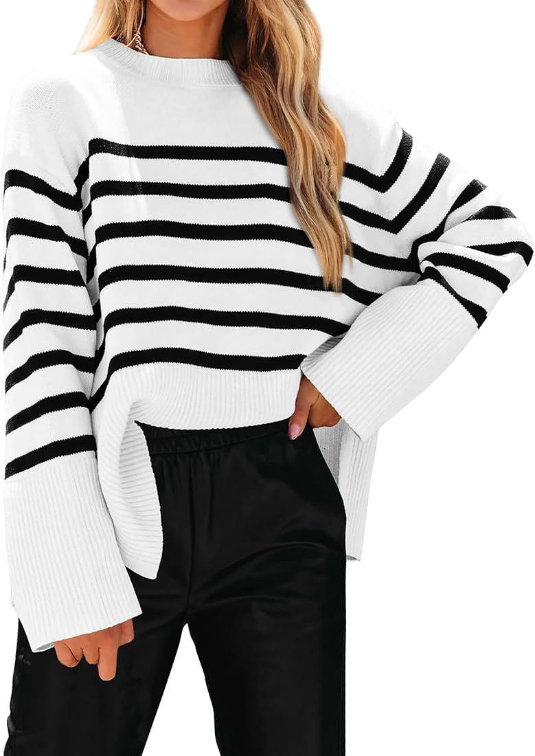 Women's 2023 Fall Winter Casual Oversized Long Sleeve Striped Sweater Crew Neck Ribbed Knit Side ... | Amazon (US)