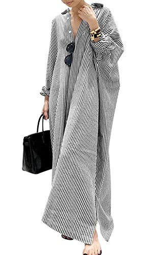 chouyatou Women's Casual Long Sleeve Button Down Loose Striped Cotton Maxi Shirt Dress (Medium, Black) | Amazon (US)