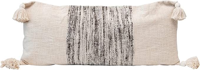 Creative Co-Op Woven Cotton Blend Lumbar Variegated Grey Yarns & Tassels, Cream Color Pillow, 1 C... | Amazon (US)