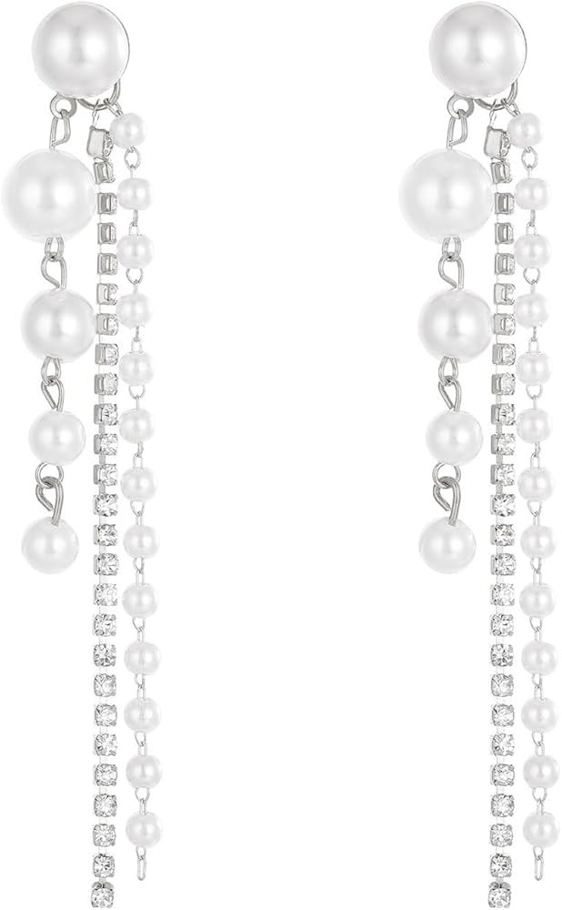 Long Pearl Tassel Drop Earrings Vintage Gold Crystal Pendant Earrings Rhinestone Tassel Pearl Dan... | Amazon (US)