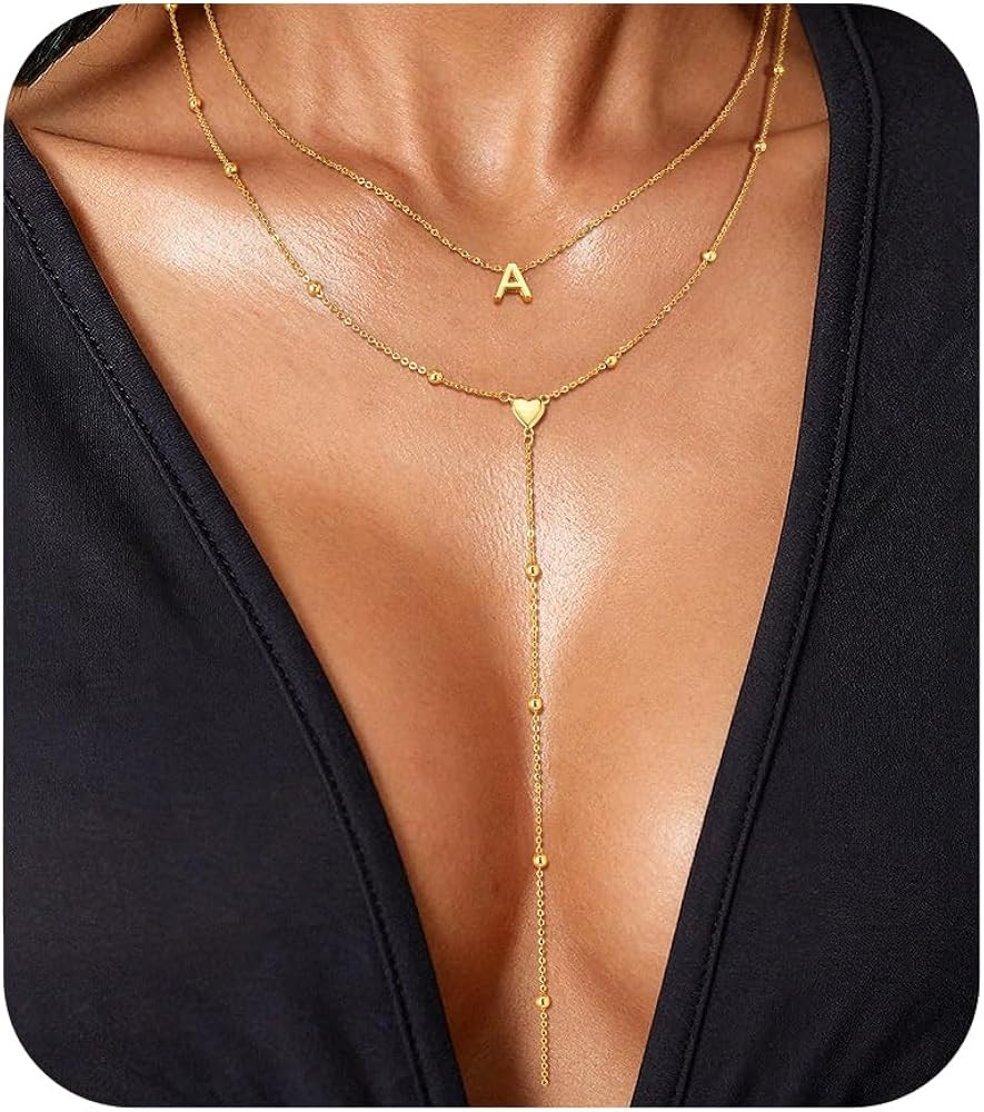 Wowshow Gold Heart Initial Necklace for Women - 18K Gold Plated Y-Shaped Layered Beaded Chain Dro... | Amazon (US)
