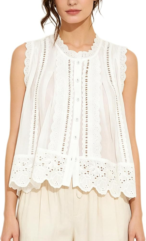 Peplum Tops for Women Sleeveless Button Up Eyelet Embroidered Tank Top Summer Going Out Lace Trim... | Amazon (US)