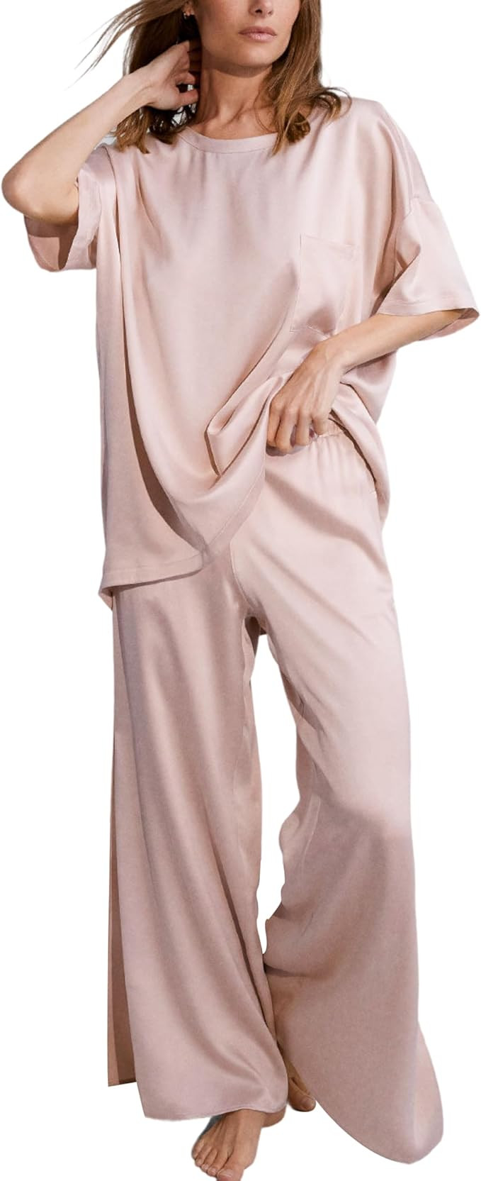 Lunya Washable Silk Tee Pant Set for Women - Oversized Top with Pocket and Pull On Pants | Amazon (US)