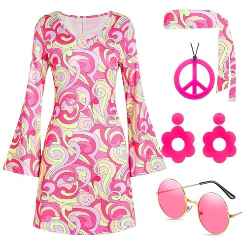 Deerjoke 60s 70s Disco Outfit Hippie Costume Women, 1970 Style Clothes Dress Accessories Jewelry Halloween (Pink, X-Large) | Amazon (US)