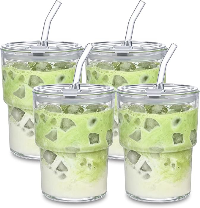 13oz Iced Coffee Cup, Reusable Glass Tumbler with Straw and Lid, Thick Wall Glass Cups with Lids ... | Amazon (US)
